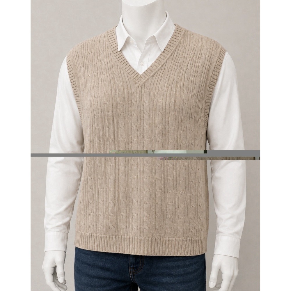 ASHWORTH Men's Cable Knit Sweater Vest XL XLarge Beige Oatmeal Polished Sharp